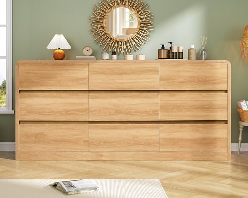 Image of TEENFON 9 Drawer Dresser for Bedroom, 63 inch Wide Dressers & Chest of Drawers with Curved Profile Design, Wood Closet Storage Dressers Organizer for Bedroom, Living Room, Natural