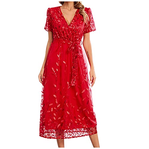 Image of Zeiayuas Cocktail Party Work Dress for Women UK Elegant V Neck Short Sleeve Midi Dress Evening Party Formal Tunic Dresses Ladies Embroidered Floral Lace Mesh Dresses