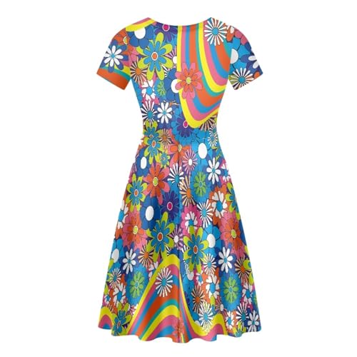 Image of POLERO Sunflower Dress for Women Floral Summer Dresses Short Sleeve Casual Sundresses Midi Dresses