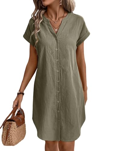 SweatyRocks Damen Sommerkleid Tunika Kleid V-Ausschnitt Kurzes Freizeitkleid Baumwolle Shortkleid Alltagkleid mit Fledermausärmel Armeegrün L