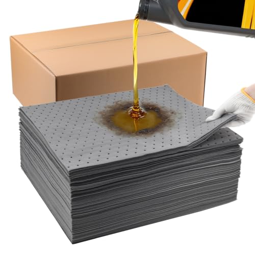 Image of Heavy Duty Oil Absorbent Pads 15 inch x 20 inch 100 Pcs Automotive Absorbent Pads | Absorbs Up to 13 oz per Oil Spill Pads Universal Leak Drip Garage Floor Oil Water Coolant Chemicals Workshop