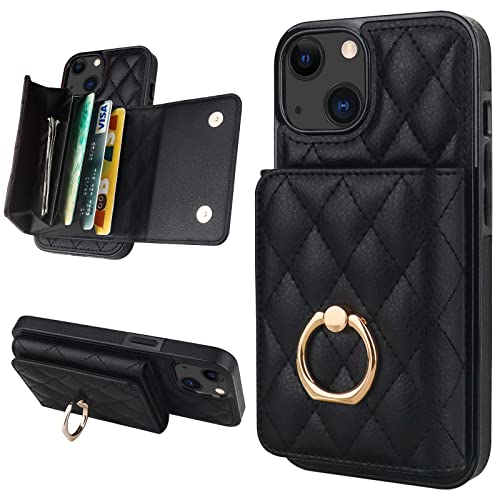 Folosu for iPhone 13 iPhone 14 Wallet Case with Card Holder, 360°Rotation Ring Holder Kickstand, 4 Card Slots PU Leather Case, RFID Blocking Double Magnetic Clasp Protective Cover 6.1 Inch Black