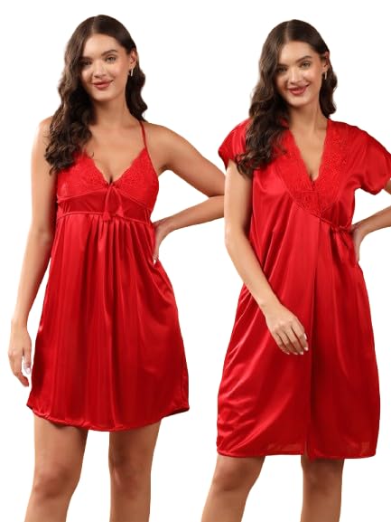 Women 2 Pieces Bridal Maroon Satin lace Self Design Night Wear Lingerie Babydoll Set-image-17