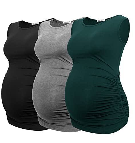 Smallshow Women's Maternity Tank Tops Sleeveless Ruched Pregnancy Clothes Black/Light Grey/Deep Green Medium 3-Pack #TOP4