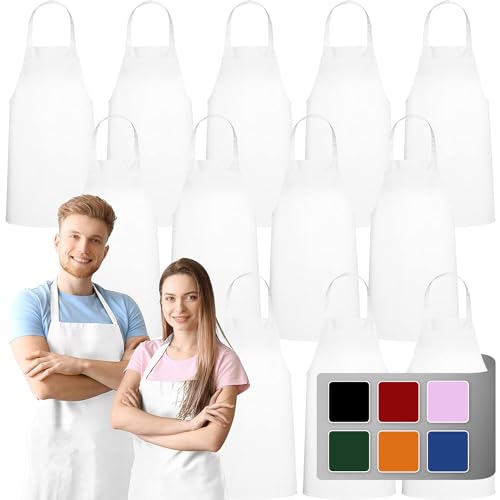 Image of GREEN LIFESTYLE 12 Pack Bib Apron - Unisex White Aprons, Machine Washable Aprons for Men and Women, Kitchen Cooking BBQ Aprons Bulk (Pack of 12, No Pockets, White)