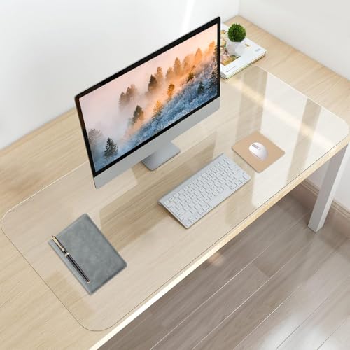 Clear Desk Mat 100 x 40cm Non-Slip PVC Clear Desk Protector Mat Waterproof Round Edges Desk Protector Mat Desk Protector Mats with Round Edge for Family School Transparent
