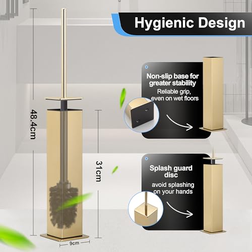 Image of BVL Toilet Brush and Holder Set Gold Stainless Steel 304 Square Freestanding Toilet Brush for Bathroom