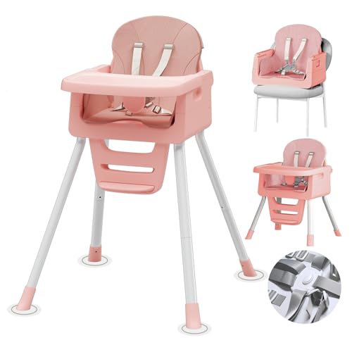 Image of Portable High Chairs for Babies and Toddlers, Convertible Baby Feeding Chair with Tray, Easy Clean High Chair for Toddler with Foot Rest, Infant Highchairs & Booster Seats with Cushion Pink