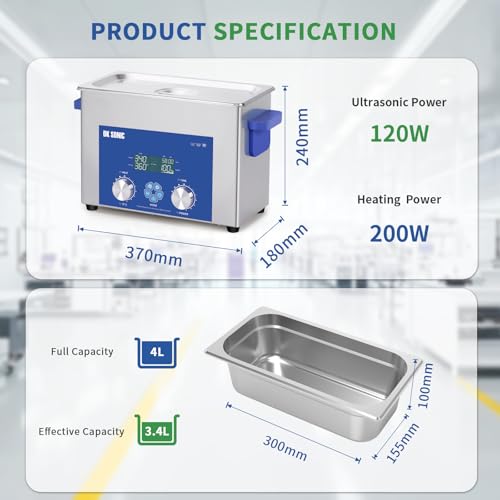 Image of DK SONIC 4L 120W Ultrasonic Cleaner, 200W Heater with 1-199min Timer & Power Adjustable, Multi-Mode Cleaning Machine with SUS304 Tank for Jewelry Watch Glasses Carburetor