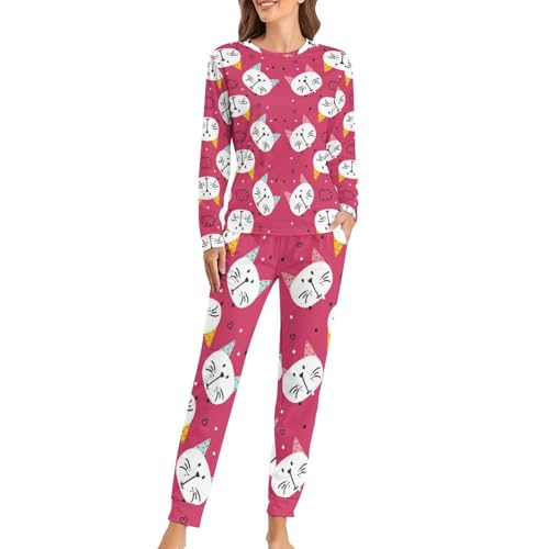 Pyjama femme chat blanc rose sleepwear t-shirt manches longues pantalon coton