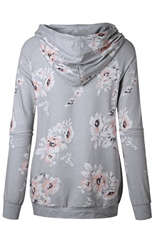 Angashion Women Hoodies-Tops- Floral Printed Long Sleeve Pocket Drawstring Sweatshirt with Pocket Light Grey