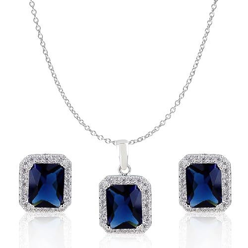 Crystalline Azuria Women 18ct White Gold Plated Blue Simulated Sapphire Zirconia Crystals Set Pendant Necklace 17.7 inches Stud Earrings