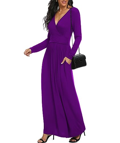 Image of LILBETTER Women Long Sleeve Deep V Neck Loose Plain Long Maxi Casual Dress