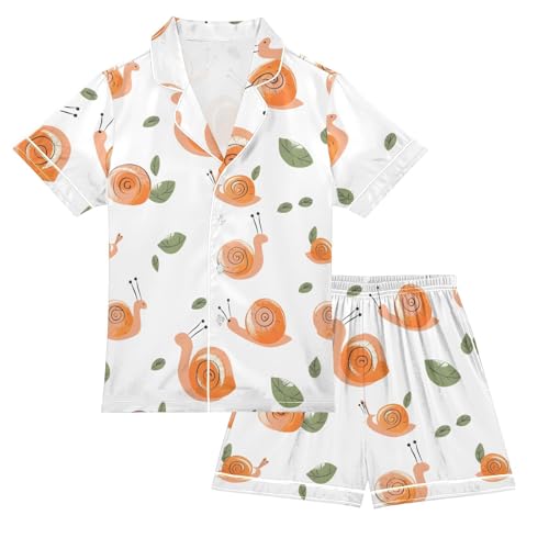 ALAZA Snail White Watercolor Satin Pajamas Set Short Sleeve Button Down Sleepwear Summer Pjs 2 Piece