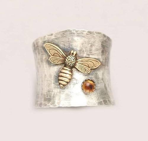 ASFKIPMF Big Large Animal Flower Leaf Wide Band Ring with Stone,Fashion Cute Gold Bee Ring Animal Lucky Honey Bee Knuckle Ring Vintage Thumb Index Middle Finger Boho Ring Jewelry for Her Size 72