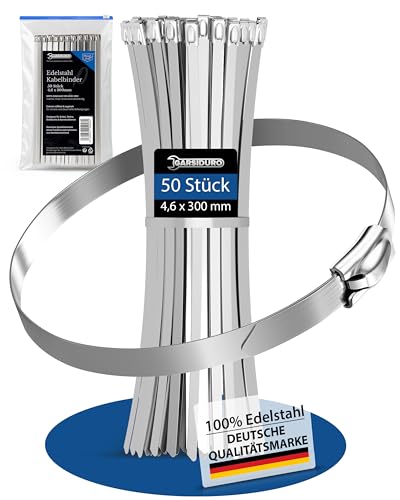 GARSIDURO Edelstahl Kabelbinder lang 300mm x 4 6mm [50 Stück] | Metall Kabelbinder rostfrei | Metallkabelbinder UV beständig geeignet als Bindedraht für Auspuffrohre Kabelmanagement Zaun etc.