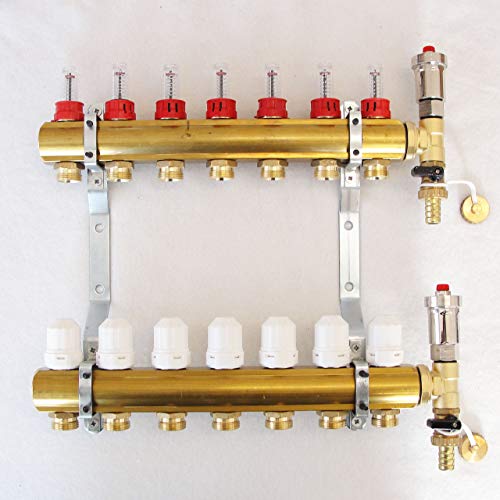 Messing Heizkreisverteiler Systemverteiler mit Durchflussmengenmesser und Entlüftergruppe 7 Heizkreise für Fussbodenheizung Cover