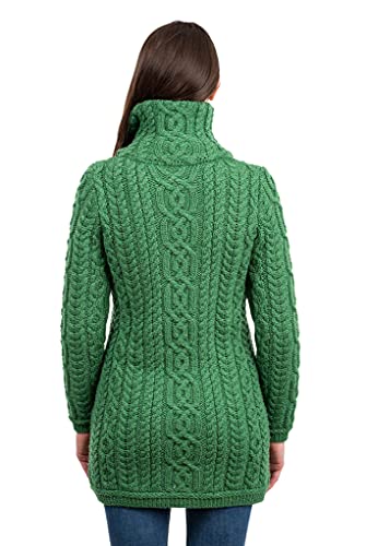 Saol Ladies Aran Zip Cardigan - 100% Merino Wool Irish Coat With Pockets And Raised Collar (Green, Small) #TOP2
