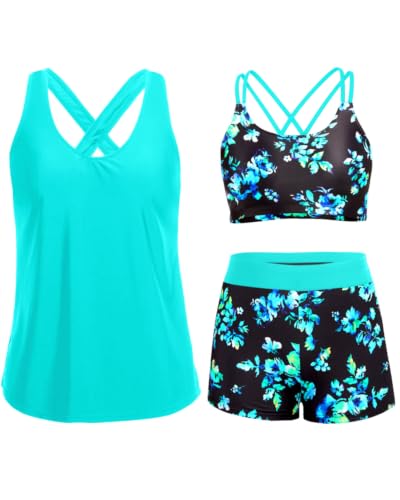 Image of Women's 3 Piece Tankini Swimsuit Tummy Control Bathing Suit with Boy Shorts