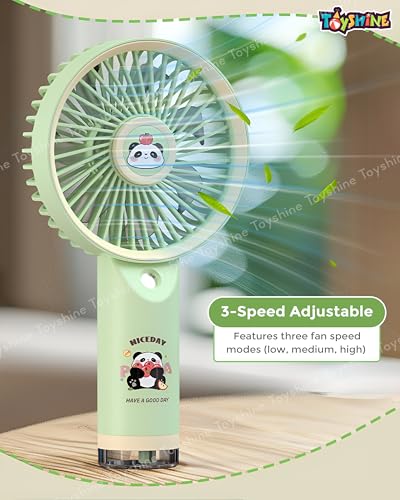 Image of Toyshine Cute Jolly Panda Design Portable Rechargeable Handheld Personal Short Handle Small Desk Fan with 3 speed Airflow & Water Spray Feather For Travel /Office /Desktop Kids Girls indoor Outdoor use