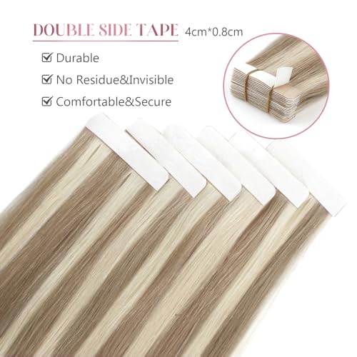 Image of Sixstarhair Seamless Tape In Hair Extensions Remy Human Hair Highlight Hair Extensions Color Swedish Blonde and Ash Blonde Piano Color For Beautiful Girl 50g /20 Pieces Pack [Color 20 /60 22inch]