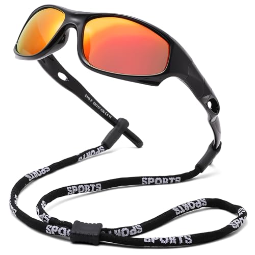Pro Acme Kids Sunglasses for Boys Girls, Polarized Sports Child Youth Baseball Sunglasses with Strap for Kids Ages 3-12 (Black/Bright Orange)