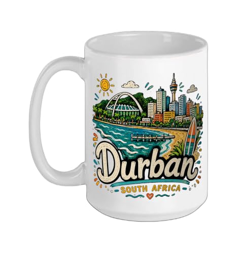 Hand Drawn Durban South Africa Travel Souvenir Landmark Gift Ceramic Mug, White, 15oz