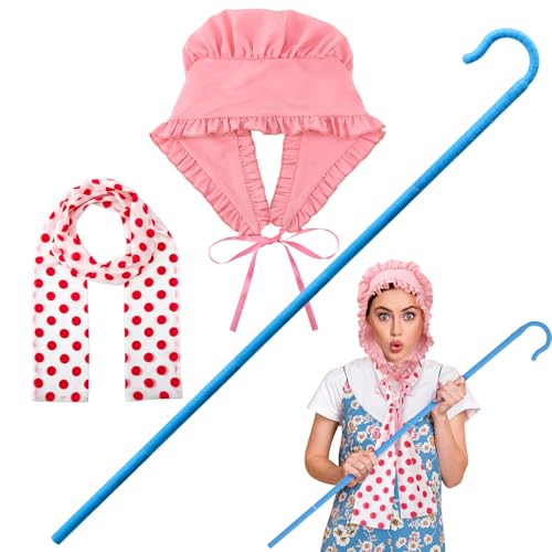 ZhouBoat 3 Pcs Shepherdess Costume Include Shepherd Staff Pink Bonnet Hat Pink Spotted Scarf for Women Party Dress Up Halloween Cosplay Outfit