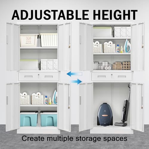 Metal Storage with 1 Drawer, 71" Cabinet with 4 Locking Doors and 2 Adjustable Shelves, Steel Storage File Cabinet for Pantry, Kitchen, Office, Garage (White)