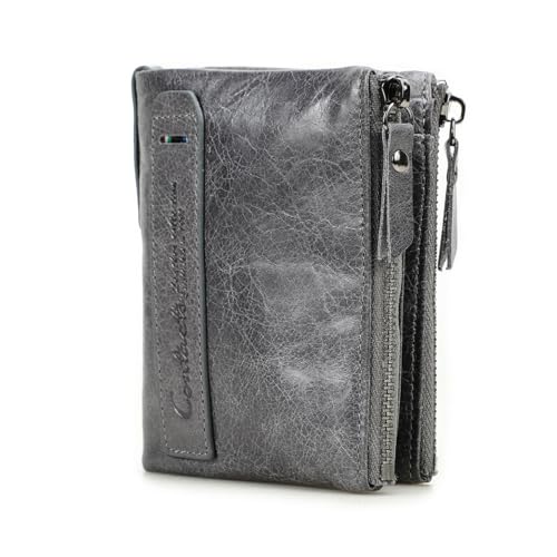 Image of CONTACTS Soft Leather Wallet for Women and Men Small Bifold Coin Purse Double Zipper Card Holder with RFID Blocking (Gray)