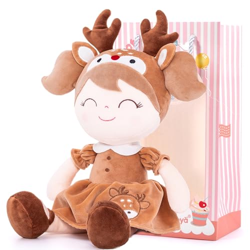 Gloveleya Plush Baby Doll Girl Gifts â€“ Soft Elk Deer Doll with Gift Box, Brown Toddler Girl Birthday Present, Keepsake First Plush Toy for Nursery, Christmas