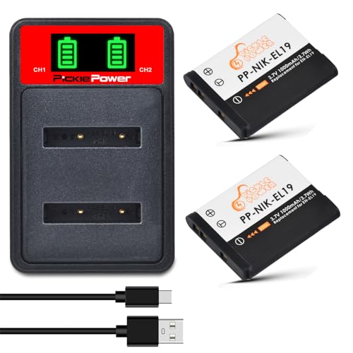 Pickle Power 2Pcs EN-EL19 Battery and Type-C Charger for Nikon Coolpix W150 A100 S33 S6900 S3700 S2800 S3600 S6800 S4400 S6600 S6500 S2700 S3200 S3300 S6400 S4200 S2600 S3100 S3400 S3500 S4100