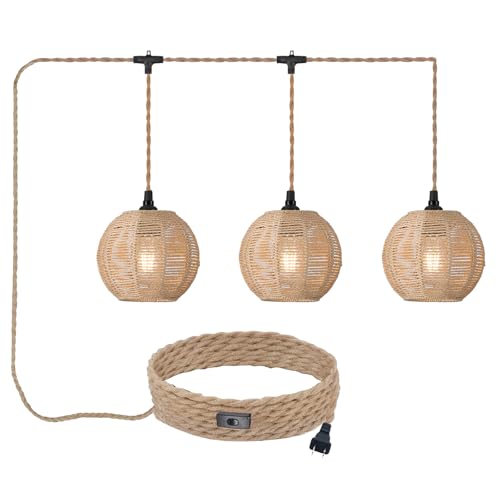 Image of 3 Lights Plug in Pendant Light with Cord On /Off Switch | Rattan Hanging Lamp with 22ft Hand Woven Wicker Plug in Chandelier Boho Hanging Lights Fixture
