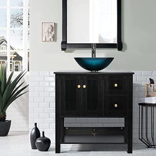 Eclife 32” Bathroom Vanity Sink Combo Black Cabinet Vanity Turquoise Square Tempered Glass Vessel Sink & 1.5 Gpm Water Save With Orb Faucet & Solid Brass Pop Up Drain (A10-V004) #TOP2