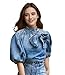 Women's Bow Design Denim Pullover Top Button Up High Neck Fashionable Jacket with Elastic and Puff Sleeves(Blue,S)