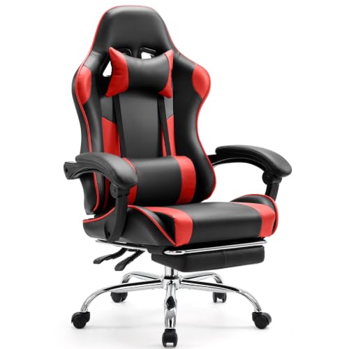 Image of Computer Gaming Chair with Footrest, Ergonomic High Back PU Leather Video Game Chair with Adjustable Headrest & Lumbar Support, Racing for Office and Home, Red