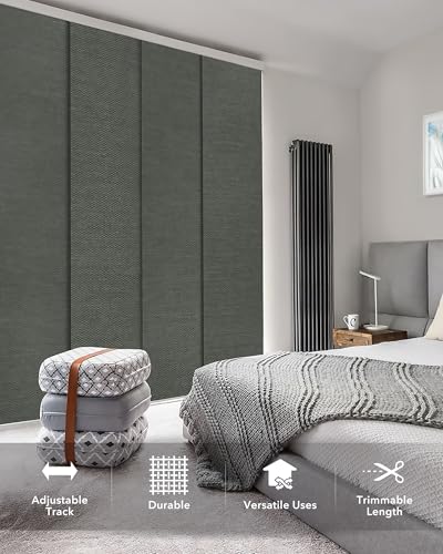 GoDear Design Shimmering Adjustable Sliding Panel Track Blinds, Vertical Window Blinds, Patio Door Blinds, Extendable Track from 45.8\" to 86\" W, Trimmable Panel Curtains Up to 96\", Obsidian