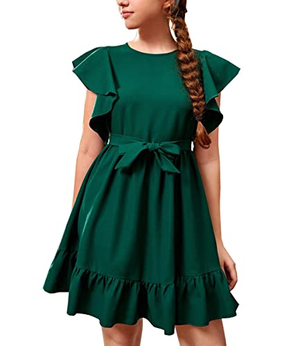 RETSUGO Girl Spring Summer Dresses Butterfly Sleeve Cotton A Line Ruffles School Dress for 6-14 Years Kids