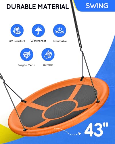 Image of Everyfun 43 inch Saucer Tree Swing for Kids Adult, 700lbs Weight Capacity, Waterproof Flying Saucer Swing with Adjustable Hanging Straps, Swing Seats for Backyard Outdoor Indoor Playground, Orange