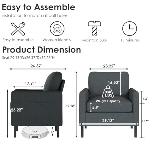 Image of STHOUYN Modern Accent Chairs, Bedroom Chair with Side Pockets, Linen Fabric Living Room Chair, Side Arm Chairs for Apartment, Waiting Room (Dark Grey, 1pc)