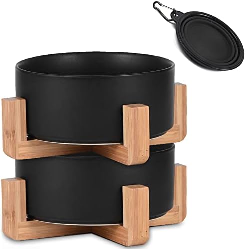 Petygooing Black Ceramic Dog Cat Bowl Dish with Stand for Food and Water Feeder , Modern Cute Heavy Weighted Pet Bowls Set for Cats & Small Size Dogs 13.5 OZ (5.1In / 1.7 Cups) Free One Foldable Bowl