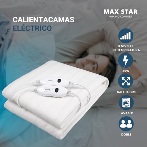 Miniatura 2 de Max Star Calienta Camas Electrico Doble 160 X 140cm 3 Niveles De Calor 60w Proteccion Sobre-Calentamiento Apto Para Lavadoras Cubre Colchon Manta Electrica Grande Doble 160 X 140cm