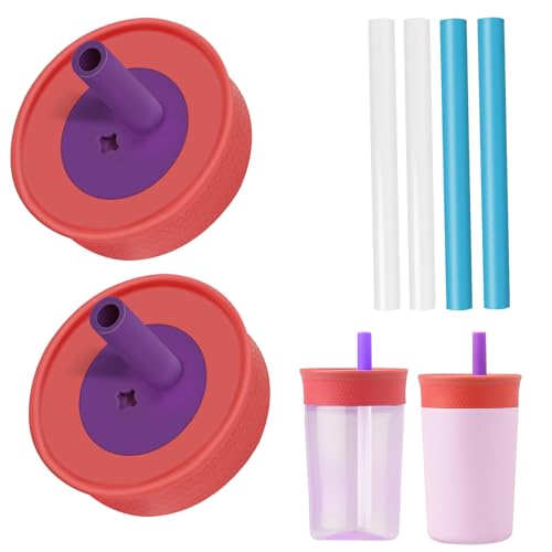 PHULWEL 2 Pack Replacement Lids for Owala Kids Insulation Tumbler 12oz & 15oz, Spill Resistant Cap with 4 Flexible Straws, BPA-Free, Dishwasher Safe, Accessories for Owala Kids Bottle(Red)