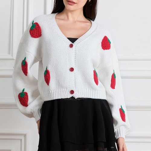 Ladies Single-Breasted Knitwear, Girls Leisure Style Strawberry V-Neck Puff Long Sleeve Knitted Coat Slim Cardigan3