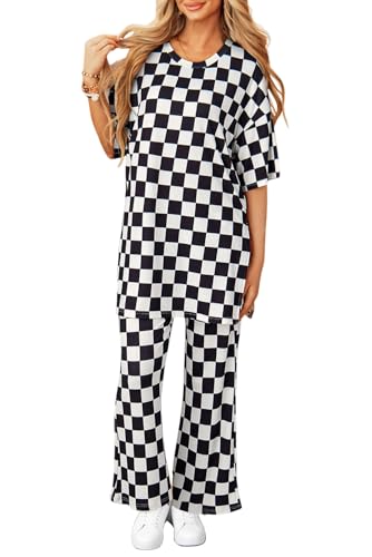 Opemiby Two Piece Sets for Women 2025 Short Sleeve Top and Wide Leg Pants Matching Lounge Set Ribbed Fall Vacation Outfits Black L