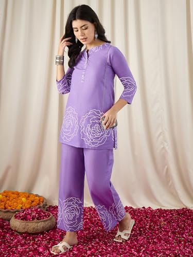 Image of Naixa Women's Lavender Cotton Printed Straight Kurta with Pant | Co-ord Set (NX-CS02)