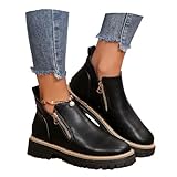 Forevercan Women'S Vintage Low Heel Casual Ankle Boots Fashion Pointed Toe Side Zipper Chunky Heels Platform Retro Leather Boots Comfort Non-Slip Slip On Flat Shoes Booties (Black-PU,11)