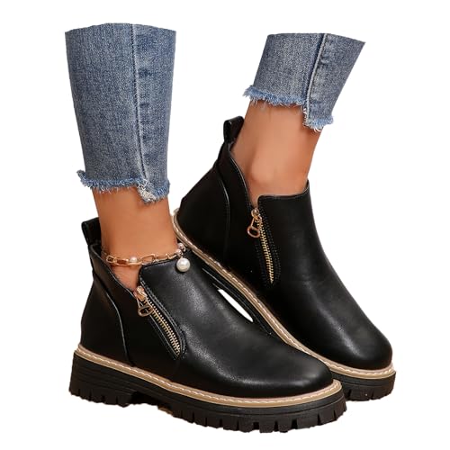 Forevercan Women'S Vintage Low Heel Casual Ankle Boots Fashion Pointed Toe Side Zipper Chunky Heels Platform Retro Leather Boots Comfort Non-Slip Slip On Flat Shoes Booties (Black-PU,9)