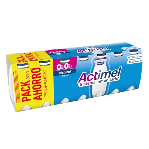 Actimel Yogur bebible natural- con probioticos, fermentos, vitaminas y 0% azúcares - Pack 14x100g