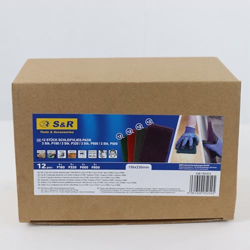 S&R Schleifvlies-Pads – 12er Set Schleifvliesmatten, Schleiffleece für Metall, Holz, Stahl & Edelstahl, Schleif-Fleece zum Schleifen & Polieren, Körnung P180-P320-P600-P800